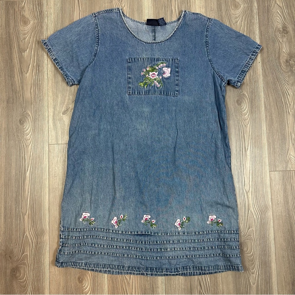 Vintage Jane Ashley 90s Denim‎ Dress with Floral Embroidery – Cottagecore XL